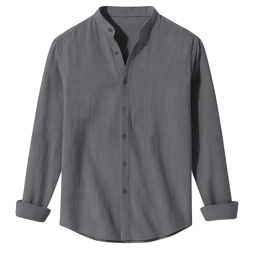Men’s Collarless Long Sleeve Linen Shirt - Kingsley Beaufort