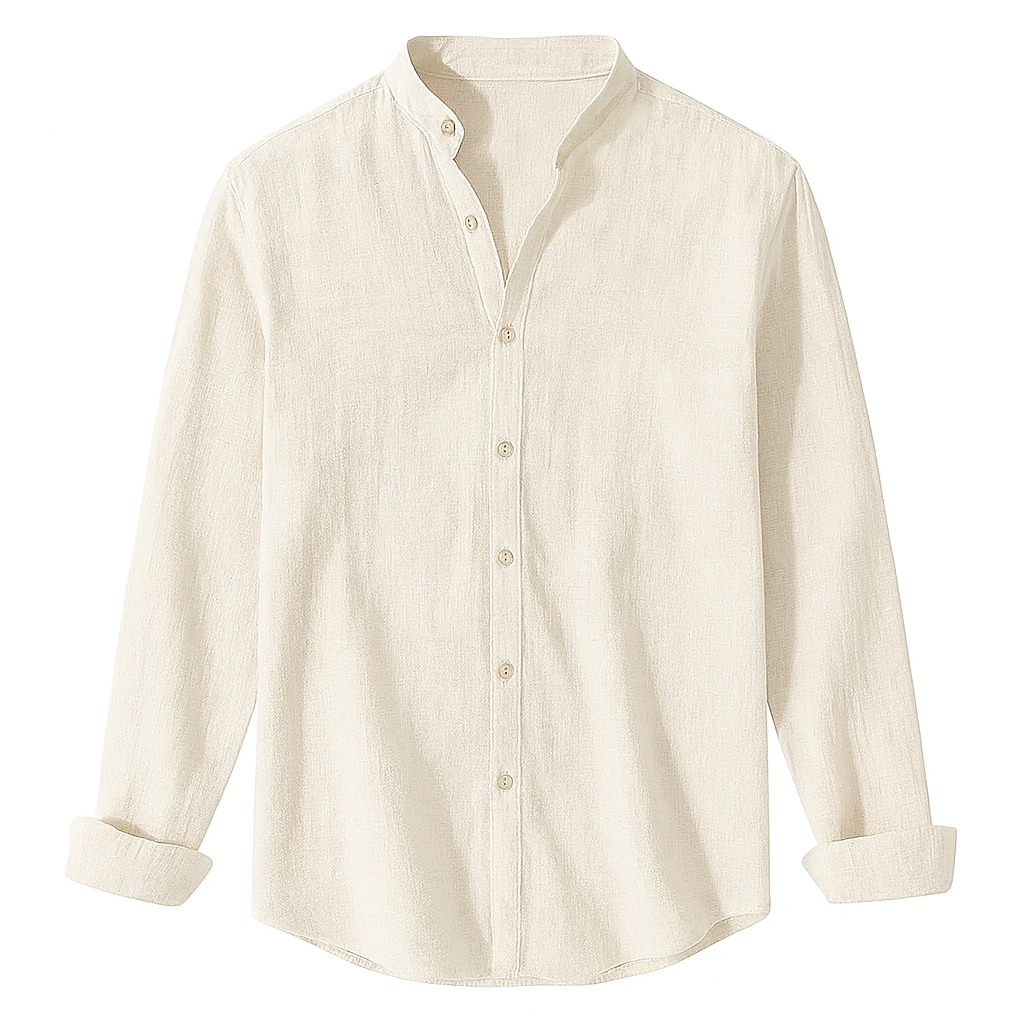 Men’s Collarless Long Sleeve Linen Shirt - Kingsley Beaufort